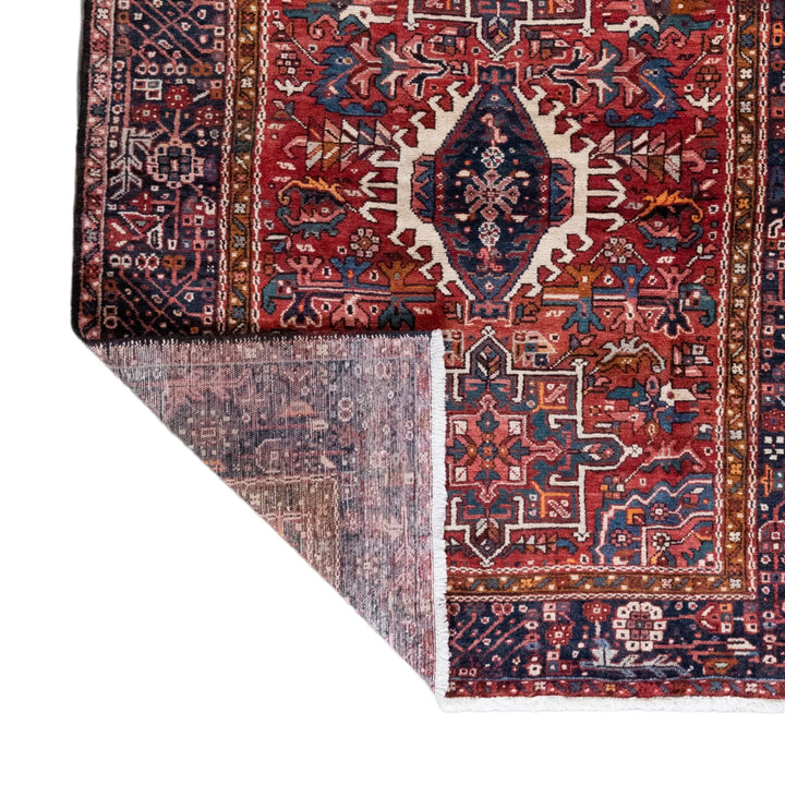 5' 1" x 6' 3" - RED AND NAVY KARAJEH GEOMETRIC PERSIAN RUG ( 155 x 190 CM )