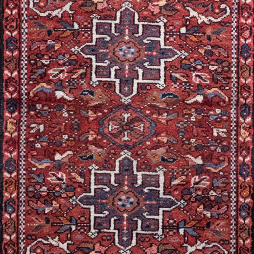 2' 1" x 5' 5" - RED AND NAVY KARAJEH GEOMETRIC PERSIAN RUG ( 63 x 165 CM )