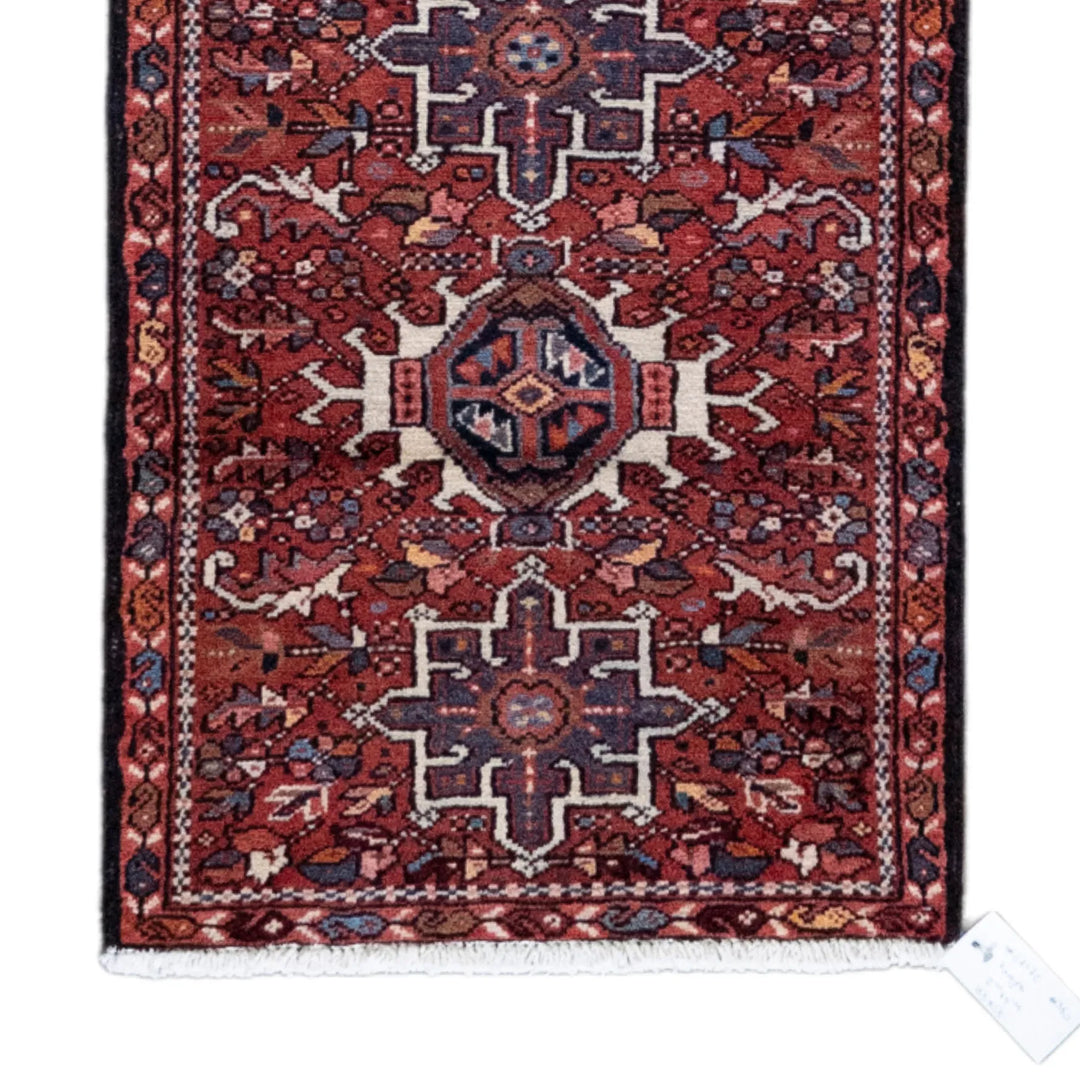 2' 1" x 5' 5" - RED AND NAVY KARAJEH GEOMETRIC PERSIAN RUG ( 63 x 165 CM )