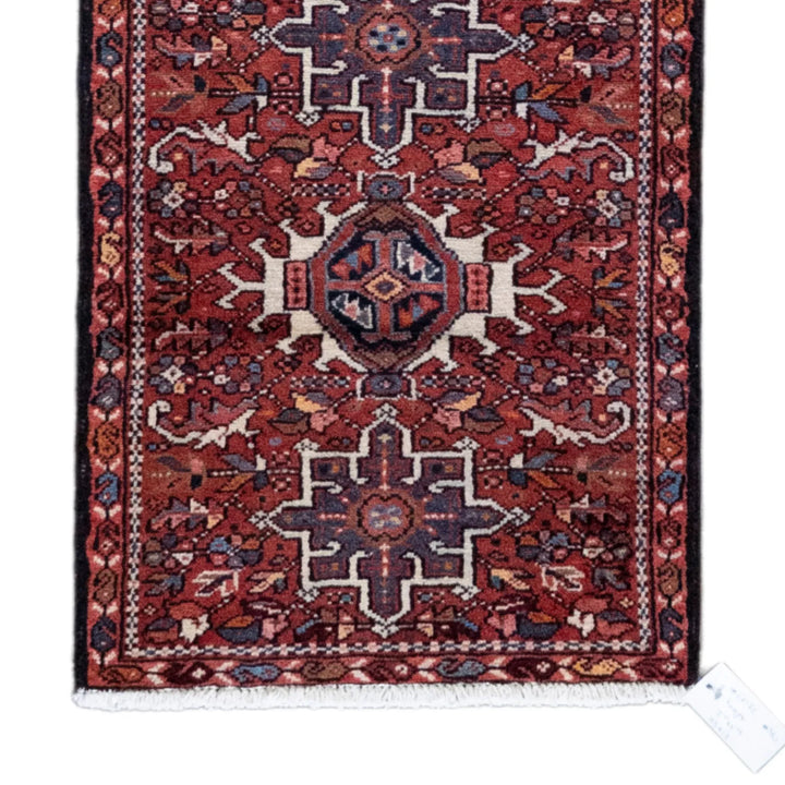 2' 1" x 5' 5" - RED AND NAVY KARAJEH GEOMETRIC PERSIAN RUG ( 63 x 165 CM )