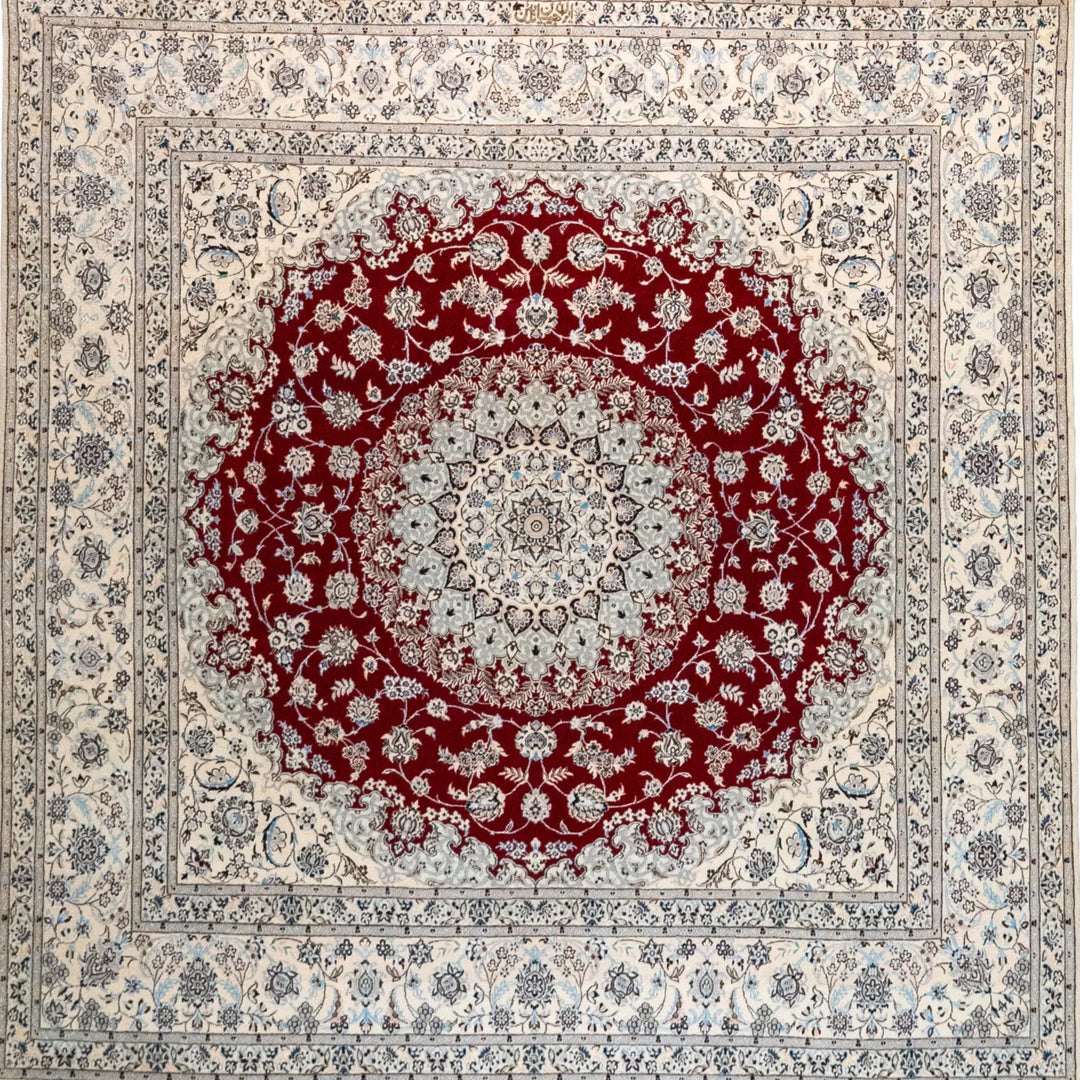 6' 8" x 6' 9" - NAVY AND BEIGE NAEIN FLORAL PERSIAN RUG ( 203 x 206 CM )