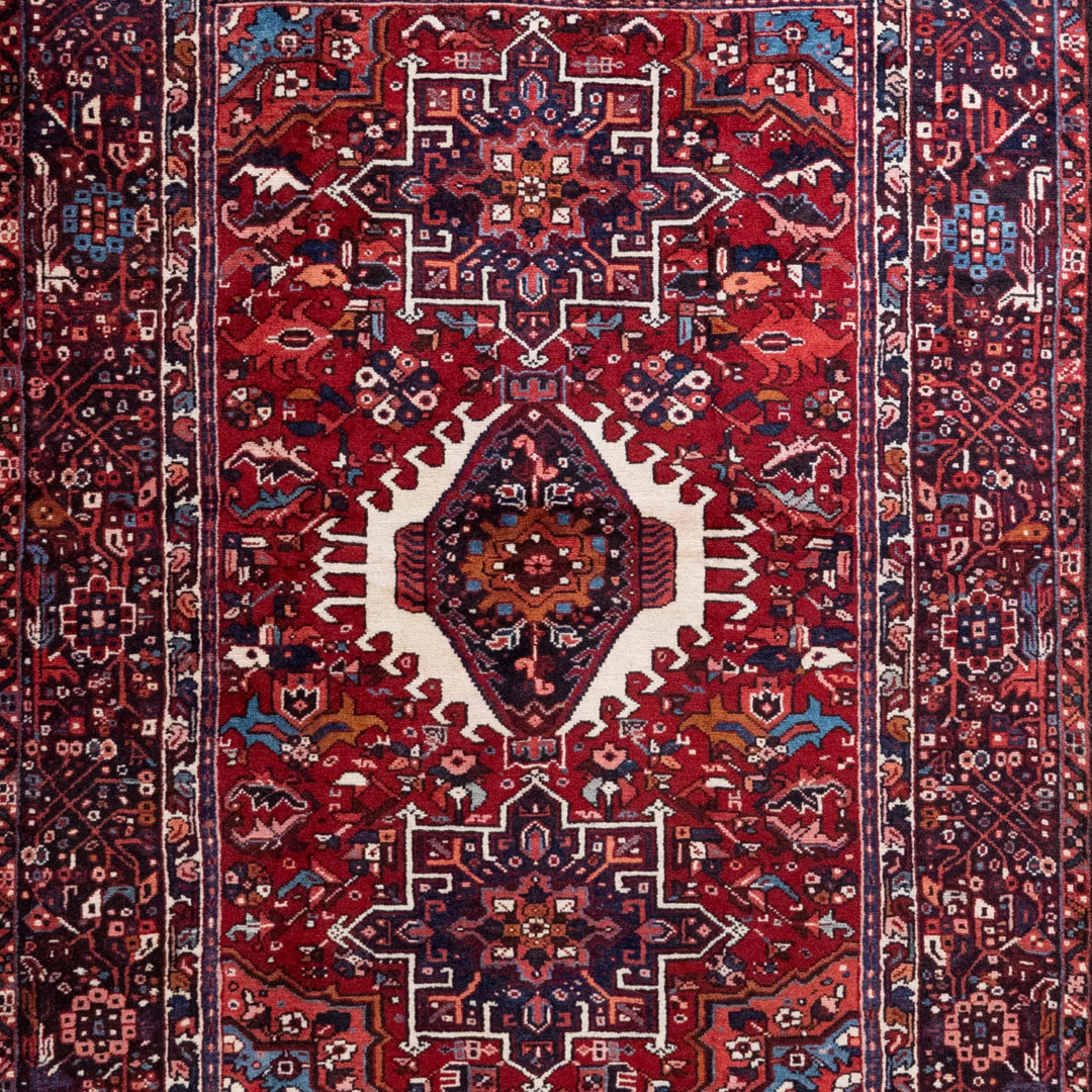 5' 0" x 6' 7" - RED AND NAVY KARAJEH GEOMETRIC PERSIAN RUG ( 152 x 200 CM )