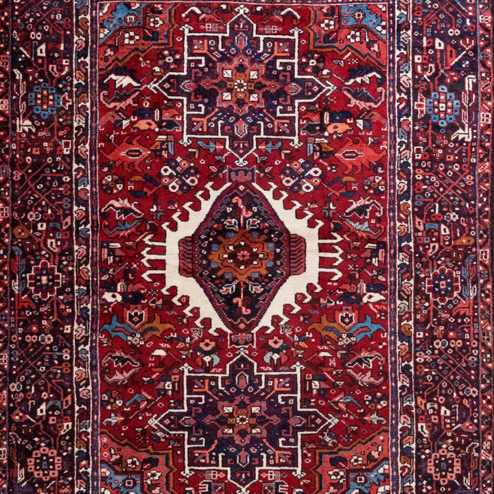 5' 0" x 6' 7" - RED AND NAVY KARAJEH GEOMETRIC PERSIAN RUG ( 152 x 200 CM )