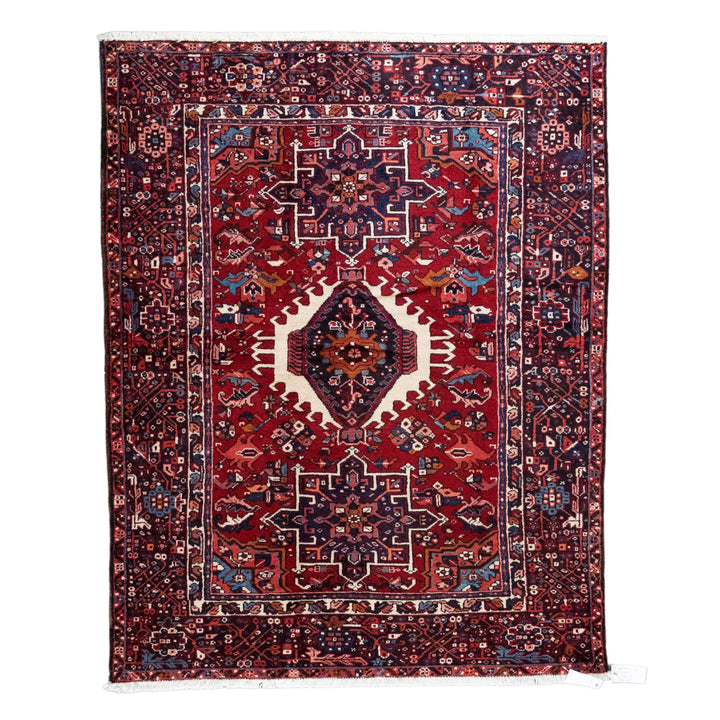 4' 9" x 6' 3" - NAVY AND RED KARAJEH GEOMETRIC PERSIAN RUG ( 145 x 190 CM )