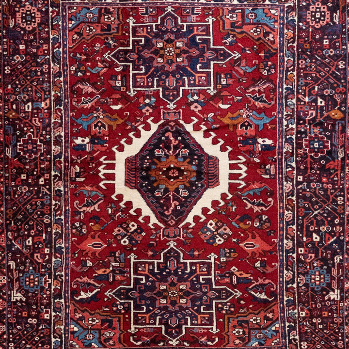 4' 9" x 6' 3" - NAVY AND RED KARAJEH GEOMETRIC PERSIAN RUG ( 145 x 190 CM )