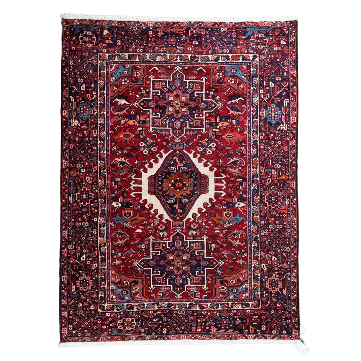 5' 0" x 6' 4" - RED AND NAVY KARAJEH GEOMETRIC PERSIAN RUG ( 152 x 193 CM )