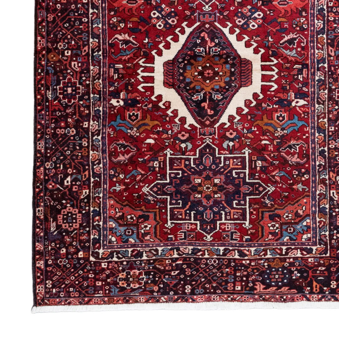 5' 0" x 6' 4" - RED AND NAVY KARAJEH GEOMETRIC PERSIAN RUG ( 152 x 193 CM )