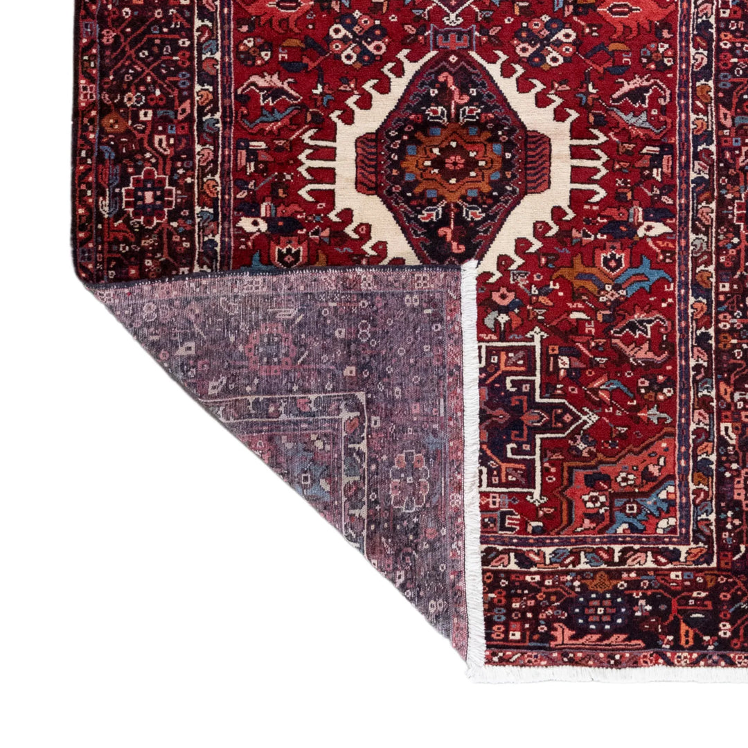 5' 0" x 6' 4" - RED AND NAVY KARAJEH GEOMETRIC PERSIAN RUG ( 152 x 193 CM )