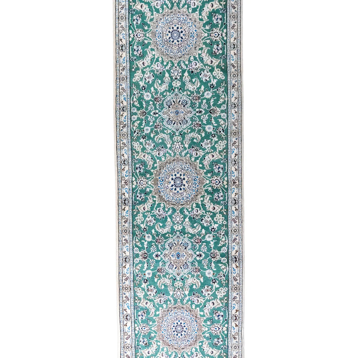 2' 9" x 10' 6" - GREEN AND BEIGE NAEIN FLORAL PERSIAN RUG ( 84 x 320 CM )