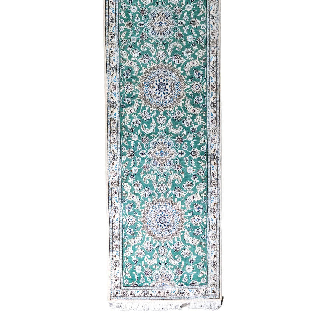 2' 9" x 10' 6" - GREEN AND BEIGE NAEIN FLORAL PERSIAN RUG ( 84 x 320 CM )