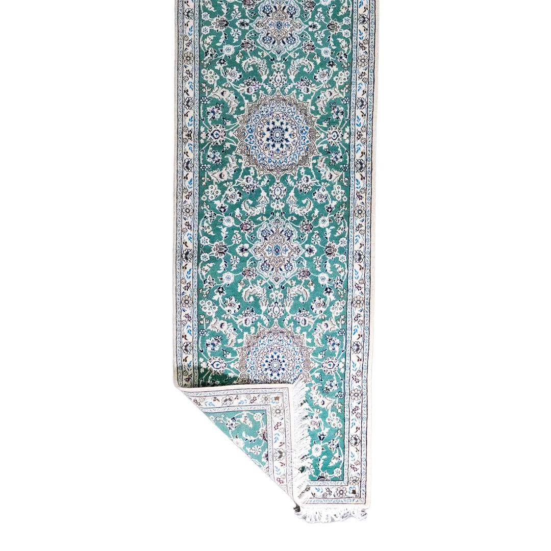 2' 9" x 10' 6" - GREEN AND BEIGE NAEIN FLORAL PERSIAN RUG ( 84 x 320 CM )