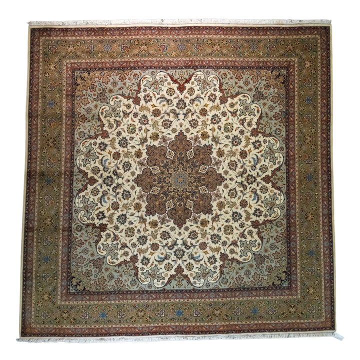 9' 10" x 9' 11" - BEIGE AND GREEN TABRIZ FLORAL PERSIAN RUG ( 300 x 302 CM )