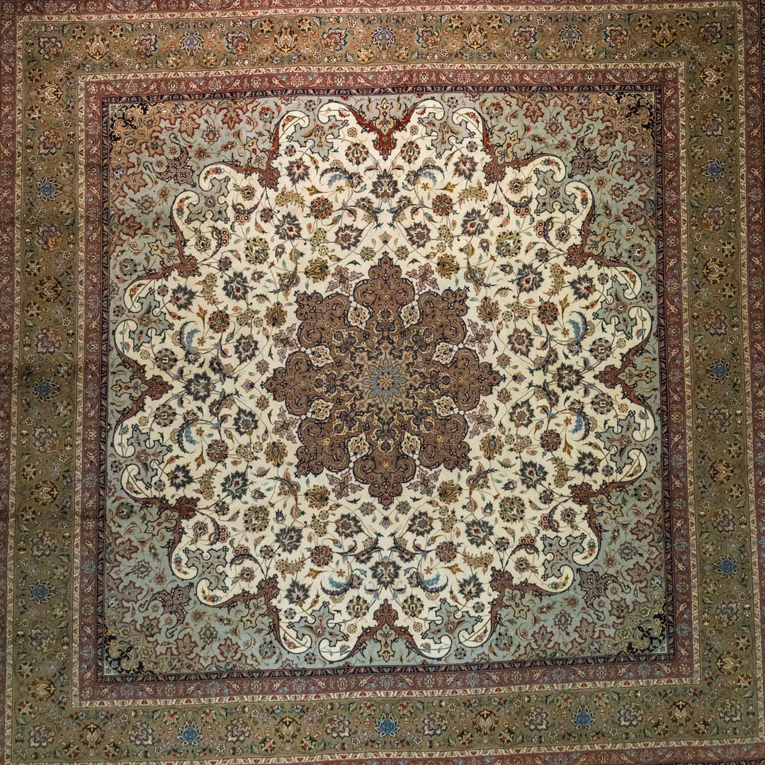 9' 10" x 9' 11" - BEIGE AND GREEN TABRIZ FLORAL PERSIAN RUG ( 300 x 302 CM )