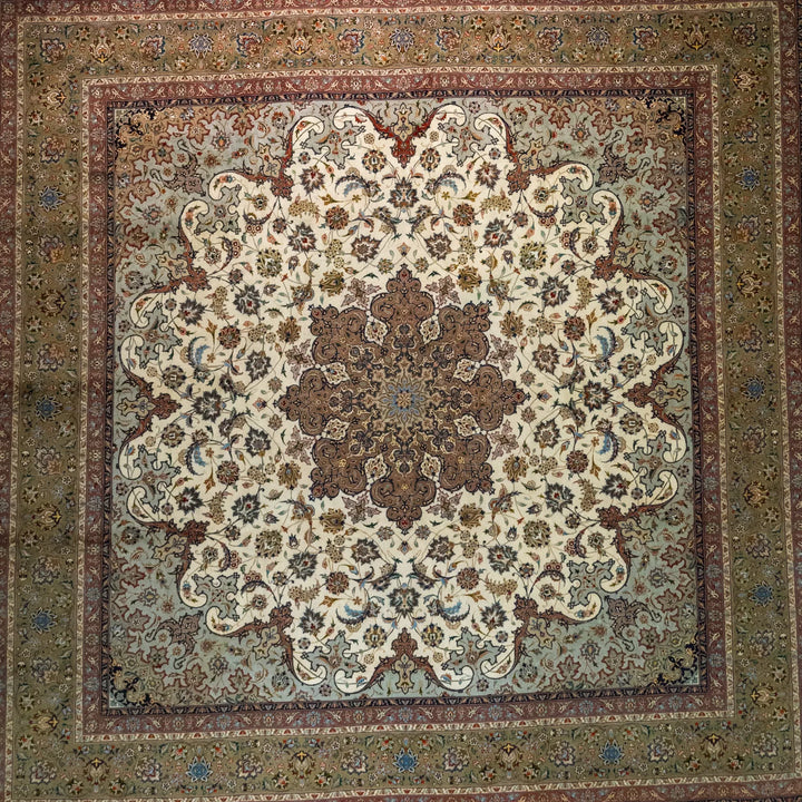 9' 10" x 9' 11" - BEIGE AND GREEN TABRIZ FLORAL PERSIAN RUG ( 300 x 302 CM )