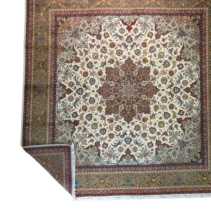 9' 10" x 9' 11" - BEIGE AND GREEN TABRIZ FLORAL PERSIAN RUG ( 300 x 302 CM )