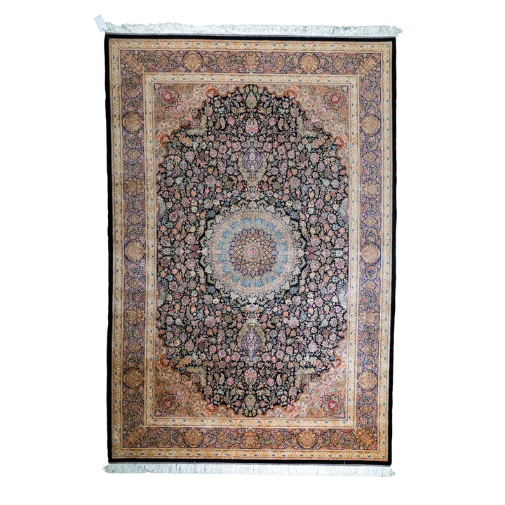 6' 7" x 9' 10" - BLUE AND BLACK MACHINE MADE FLORAL TURKISH RUG ( 200 x 300 CM )