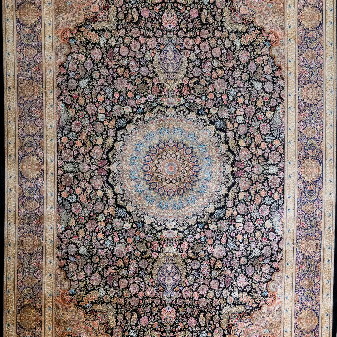 6' 7" x 9' 10" - BLUE AND BLACK MACHINE MADE FLORAL TURKISH RUG ( 200 x 300 CM )