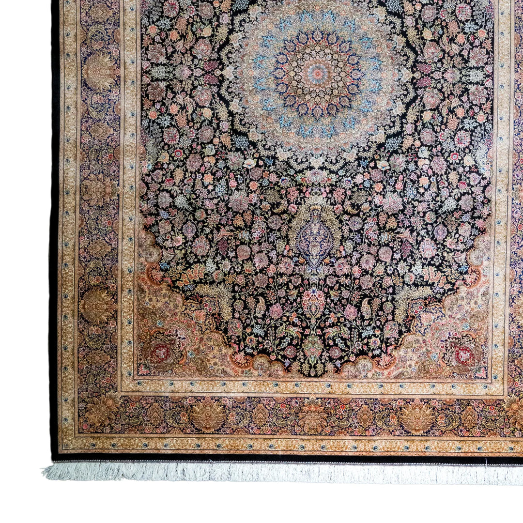 6' 7" x 9' 10" - BLUE AND BLACK MACHINE MADE FLORAL TURKISH RUG ( 200 x 300 CM )
