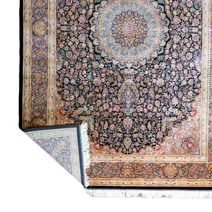 6' 7" x 9' 10" - BLUE AND BLACK MACHINE MADE FLORAL TURKISH RUG ( 200 x 300 CM )