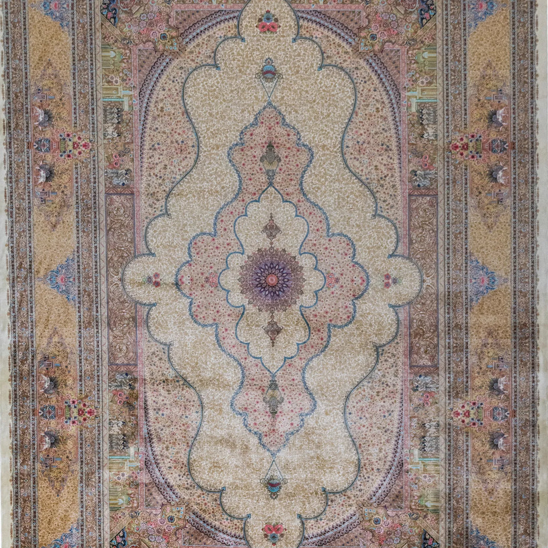 6' 7" x 9' 10" - MULTICOLOR AND GOLD MACHINE MADE FLORAL TURKISH RUG ( 200 x 300 CM )