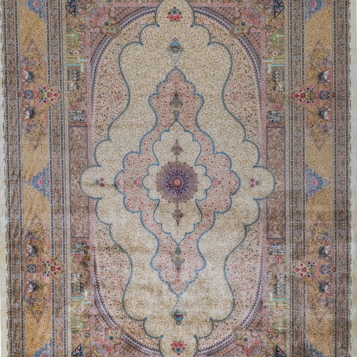 6' 7" x 9' 10" - MULTICOLOR AND GOLD MACHINE MADE FLORAL TURKISH RUG ( 200 x 300 CM )