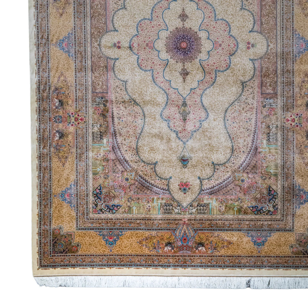 6' 7" x 9' 10" - MULTICOLOR AND GOLD MACHINE MADE FLORAL TURKISH RUG ( 200 x 300 CM )