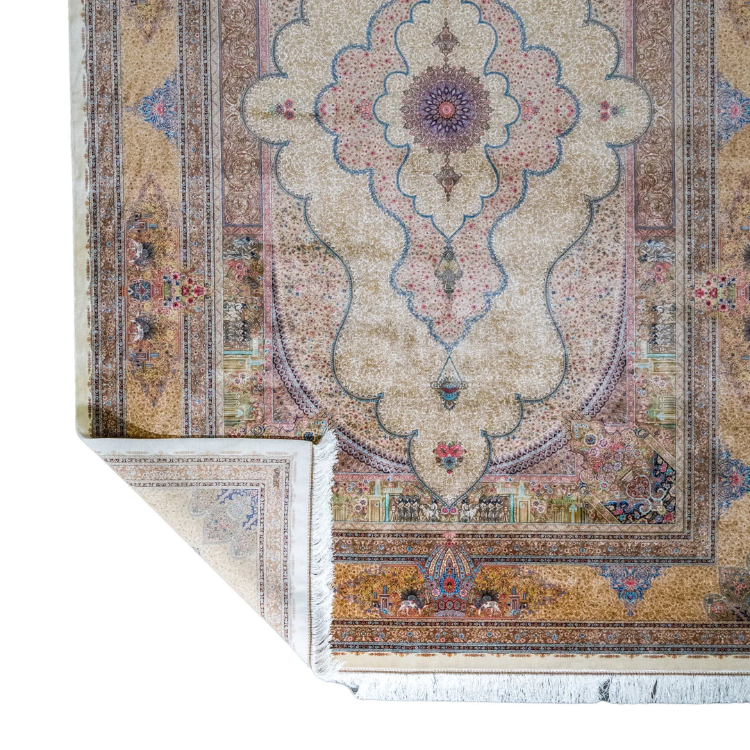 6' 7" x 9' 10" - MULTICOLOR AND GOLD MACHINE MADE FLORAL TURKISH RUG ( 200 x 300 CM )