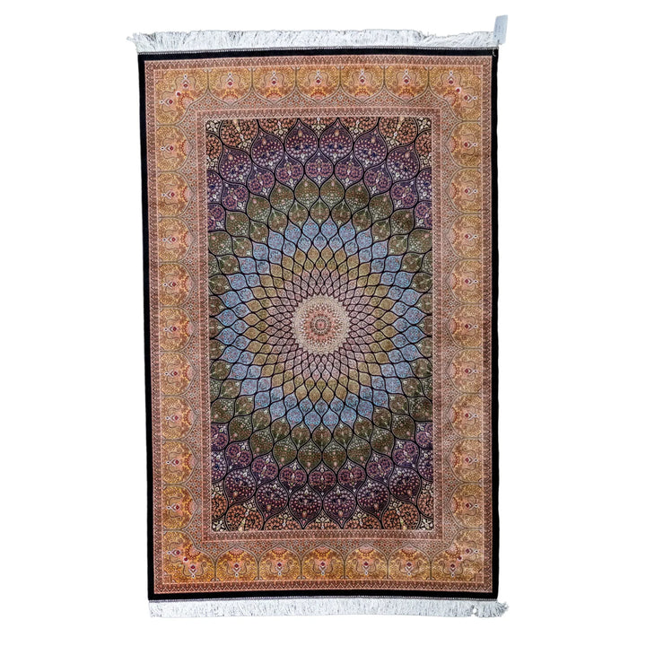 4' 11" x 7' 4" - MULTICOLOR AND GOLD MACHINE MADE FLORAL TURKISH RUG ( 150 x 223 CM )