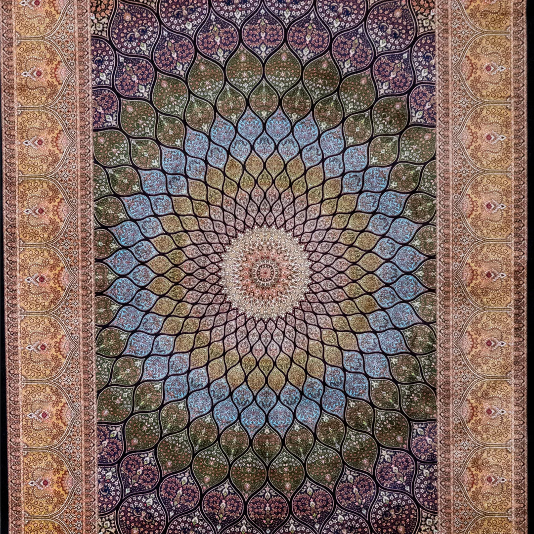 4' 11" x 7' 4" - MULTICOLOR AND GOLD MACHINE MADE FLORAL TURKISH RUG ( 150 x 223 CM )