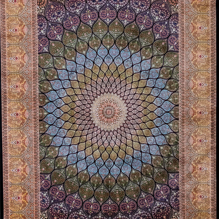 4' 11" x 7' 4" - MULTICOLOR AND GOLD MACHINE MADE FLORAL TURKISH RUG ( 150 x 223 CM )