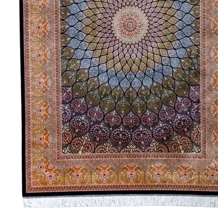 4' 11" x 7' 4" - MULTICOLOR AND GOLD MACHINE MADE FLORAL TURKISH RUG ( 150 x 223 CM )