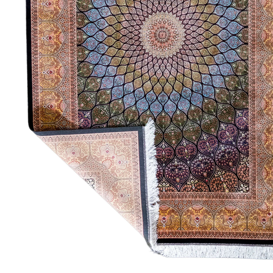 4' 11" x 7' 4" - MULTICOLOR AND GOLD MACHINE MADE FLORAL TURKISH RUG ( 150 x 223 CM )