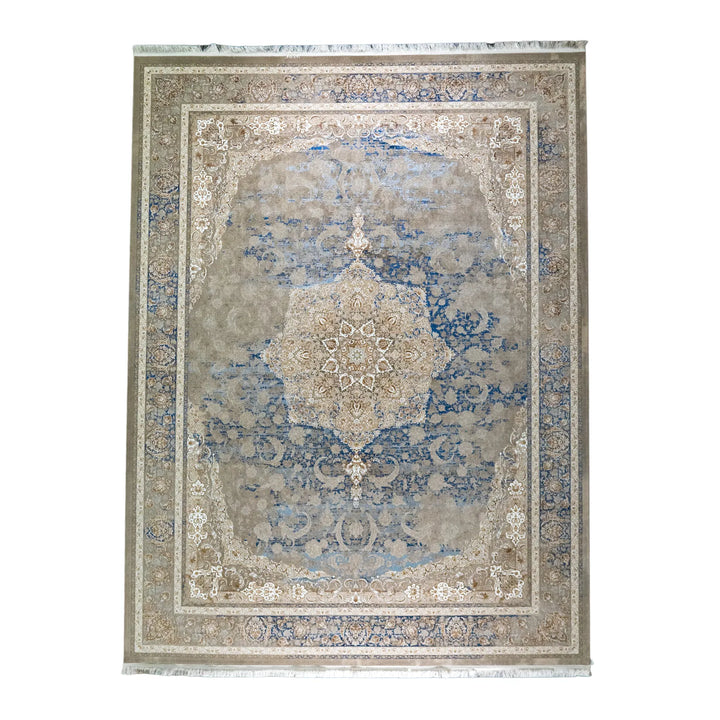 9' 10" x 13' 1" - BEIGE AND BLUE MACHINE MADE FLORAL TURKISH RUG ( 300 x 399 CM )