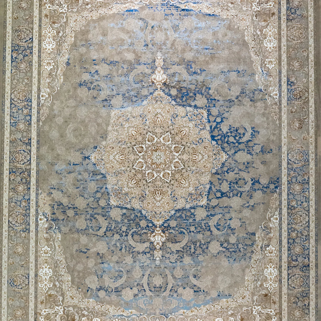 9' 10" x 13' 1" - BEIGE AND BLUE MACHINE MADE FLORAL TURKISH RUG ( 300 x 399 CM )