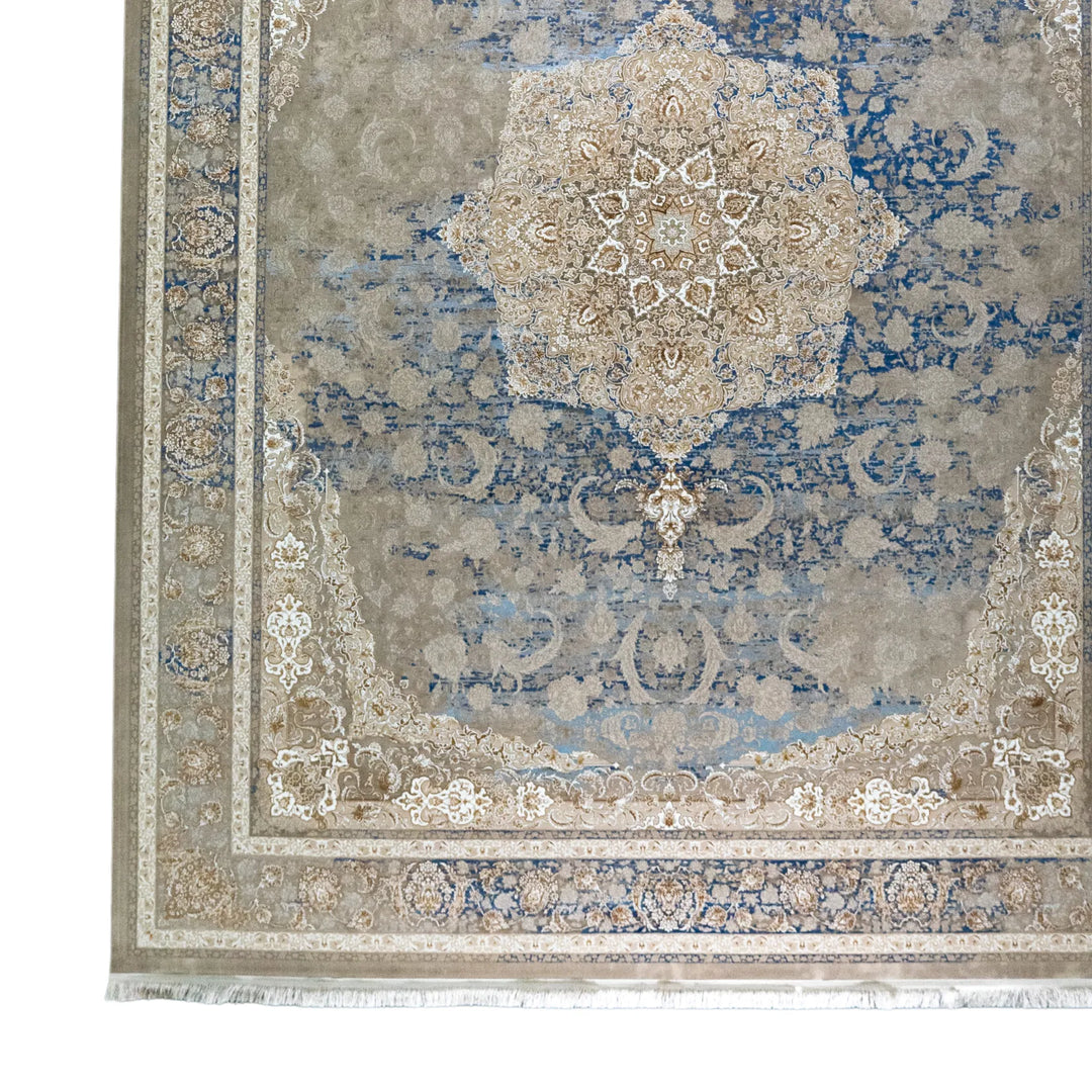9' 10" x 13' 1" - BEIGE AND BLUE MACHINE MADE FLORAL TURKISH RUG ( 300 x 399 CM )