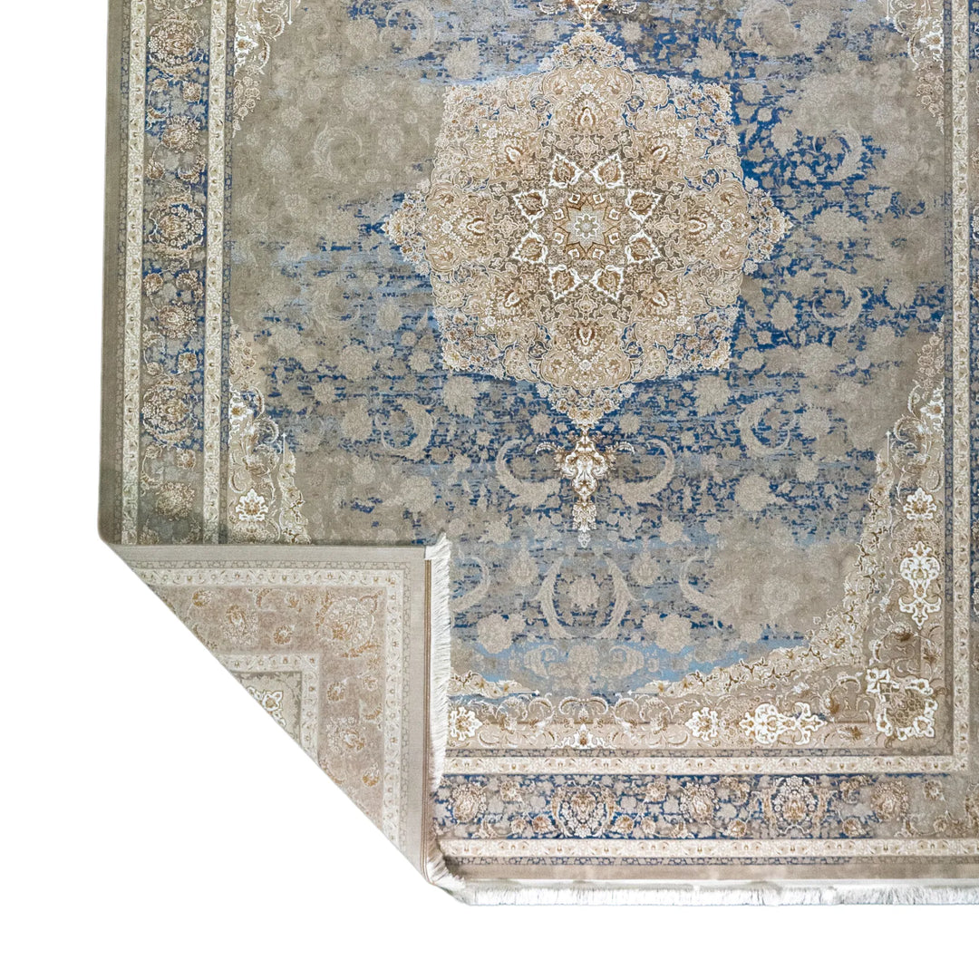 9' 10" x 13' 1" - BEIGE AND BLUE MACHINE MADE FLORAL TURKISH RUG ( 300 x 399 CM )