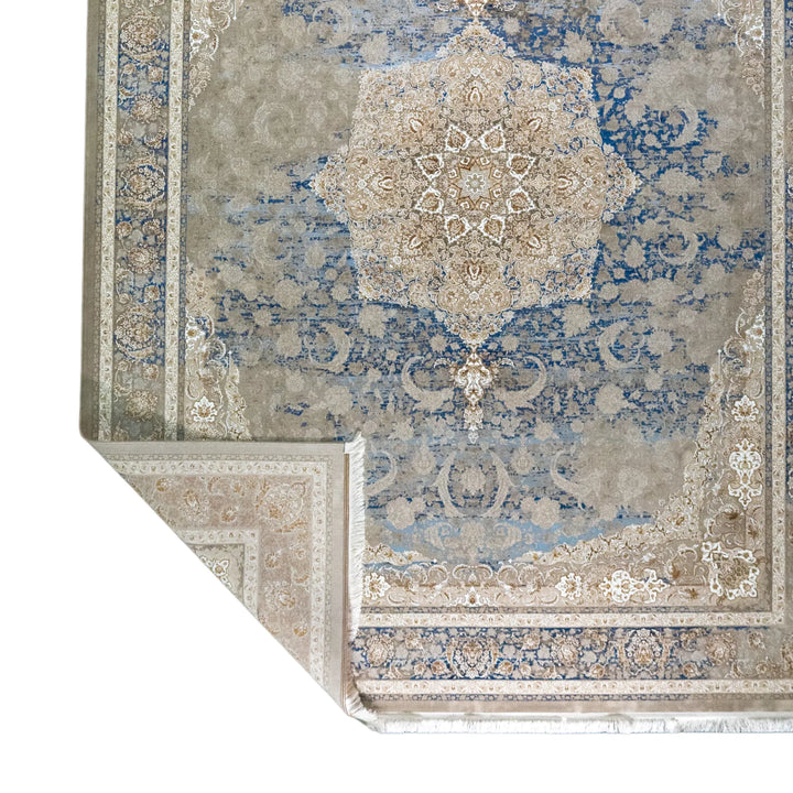 9' 10" x 13' 1" - BEIGE AND BLUE MACHINE MADE FLORAL TURKISH RUG ( 300 x 399 CM )