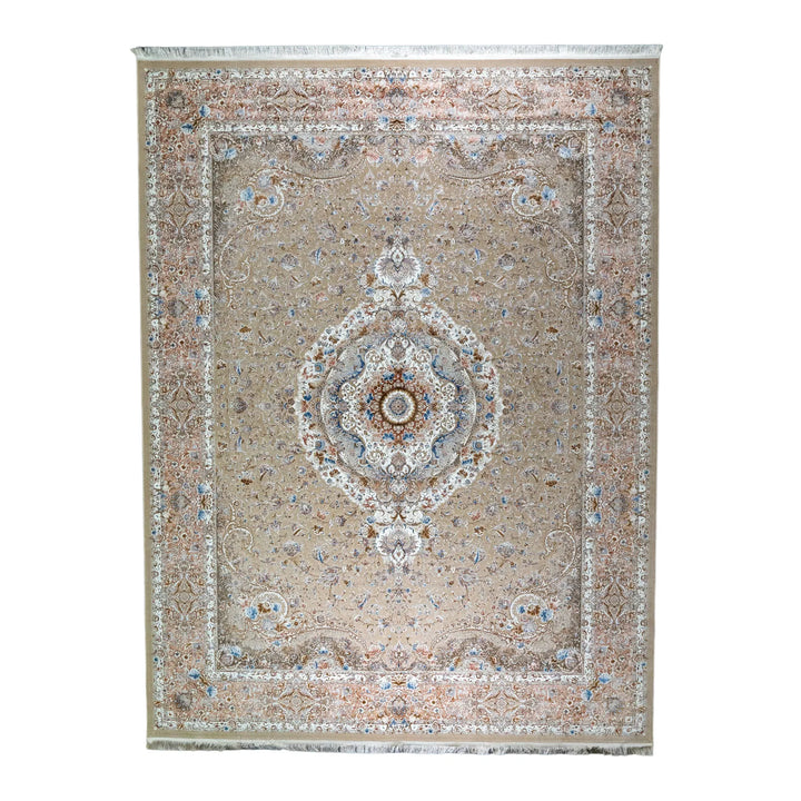 9' 10" x 13' 1" - WHITE AND PINK MACHINE MADE FLORAL TURKISH RUG ( 300 x 399 CM )