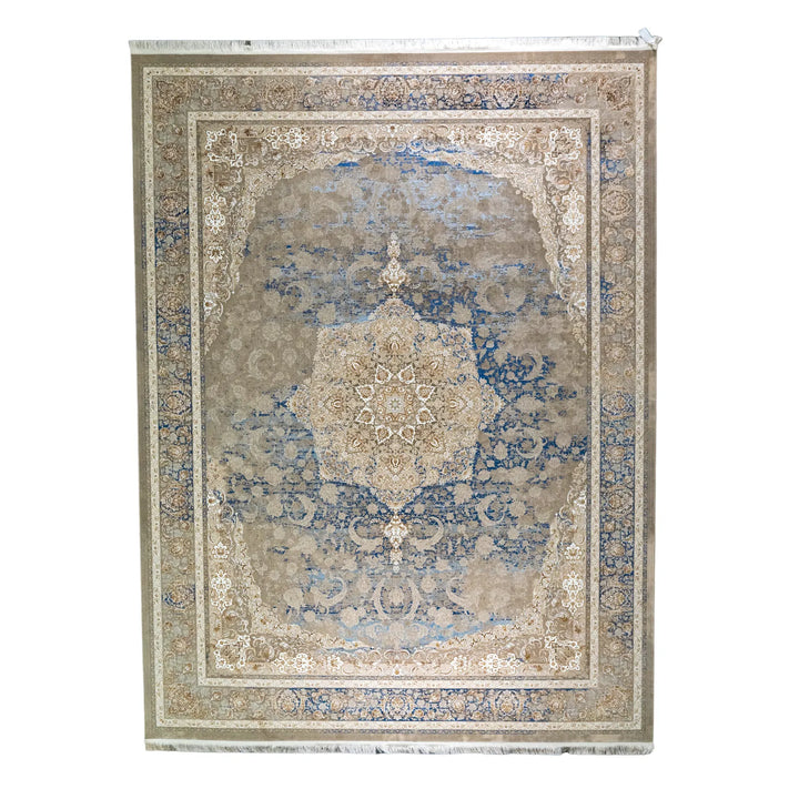 9' 10" x 13' 1" - BLUE AND BEIGE MACHINE MADE FLORAL TURKISH RUG ( 300 x 399 CM )