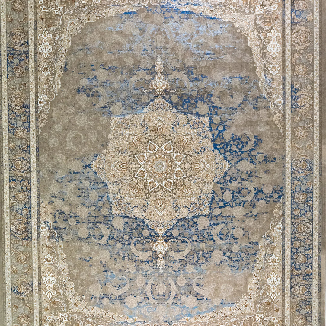 9' 10" x 13' 1" - BLUE AND BEIGE MACHINE MADE FLORAL TURKISH RUG ( 300 x 399 CM )
