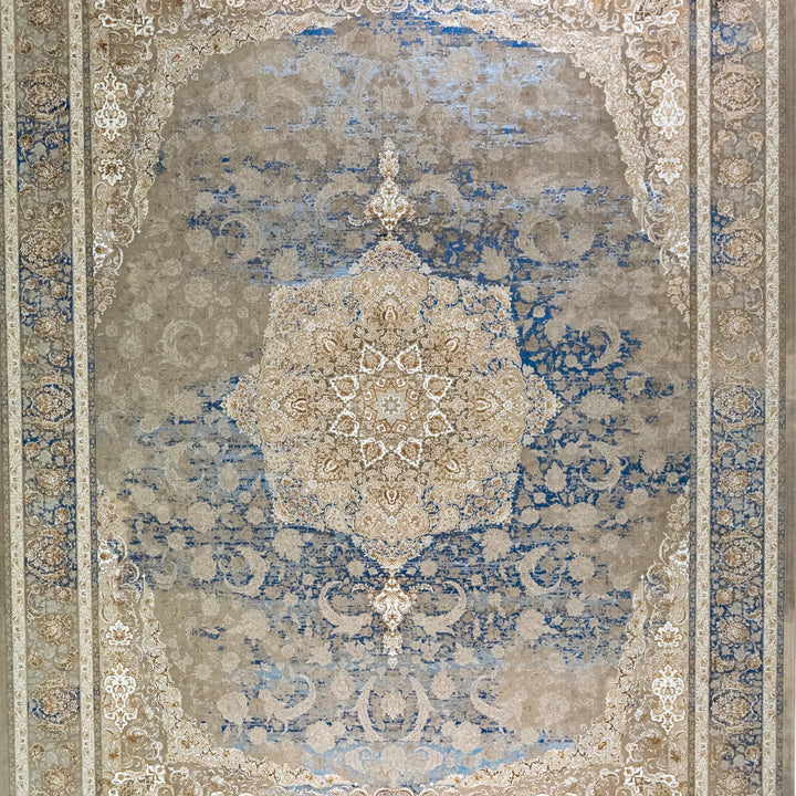 9' 10" x 13' 1" - BLUE AND BEIGE MACHINE MADE FLORAL TURKISH RUG ( 300 x 399 CM )