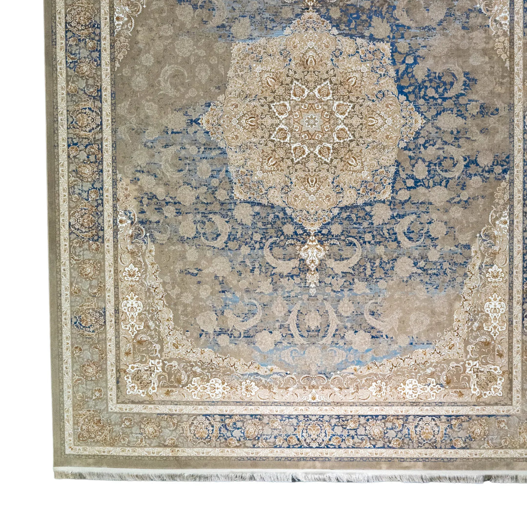 9' 10" x 13' 1" - BLUE AND BEIGE MACHINE MADE FLORAL TURKISH RUG ( 300 x 399 CM )