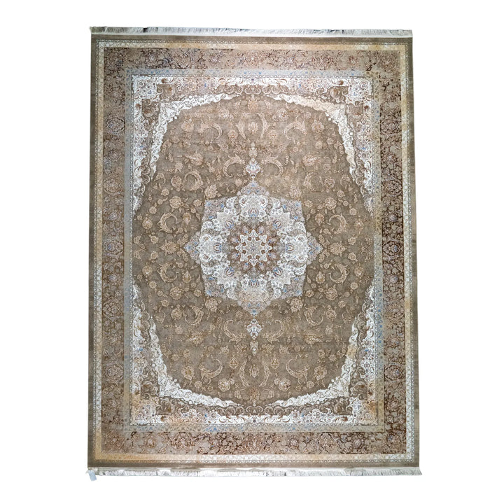 9' 10" x 13' 1" - BEIGE AND BROWN MACHINE MADE FLORAL TURKISH RUG ( 300 x 399 CM )