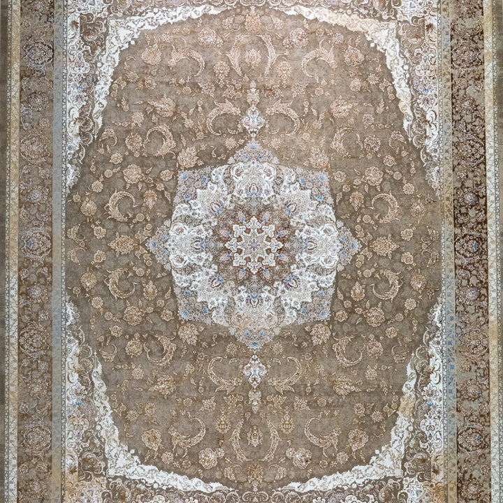 9' 10" x 13' 1" - BEIGE AND BROWN MACHINE MADE FLORAL TURKISH RUG ( 300 x 399 CM )
