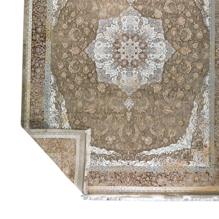 9' 10" x 13' 1" - BEIGE AND BROWN MACHINE MADE FLORAL TURKISH RUG ( 300 x 399 CM )