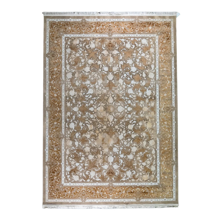 8' 2" x 11' 6" - BEIGE AND BROWN MACHINE MADE FLORAL TURKISH RUG ( 249 x 350 CM )