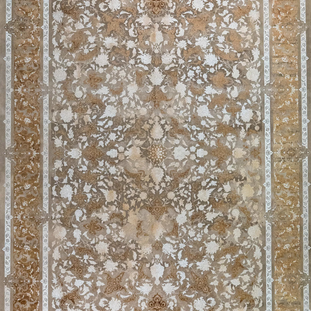 8' 2" x 11' 6" - BEIGE AND BROWN MACHINE MADE FLORAL TURKISH RUG ( 249 x 350 CM )
