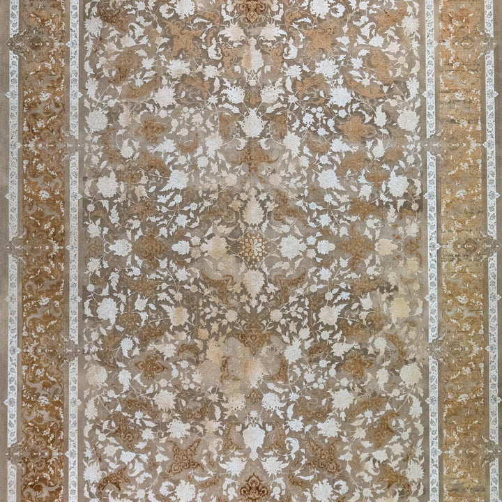 8' 2" x 11' 6" - BEIGE AND BROWN MACHINE MADE FLORAL TURKISH RUG ( 249 x 350 CM )