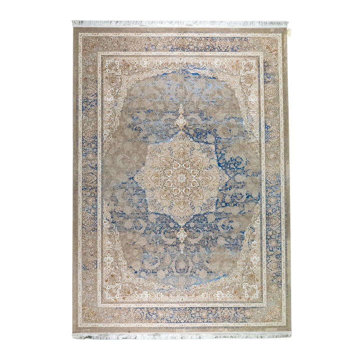 8' 2" x 11' 6" - BEIGE AND BLUE MACHINE MADE FLORAL TURKISH RUG ( 249 x 350 CM )