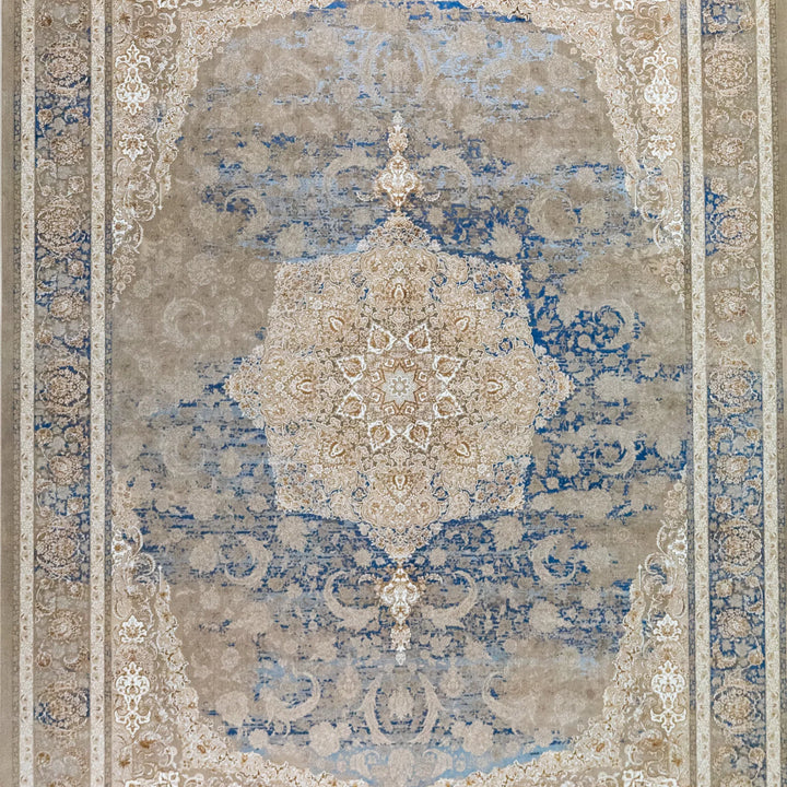 8' 2" x 11' 6" - BEIGE AND BLUE MACHINE MADE FLORAL TURKISH RUG ( 249 x 350 CM )